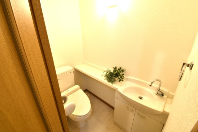 三の丸グランキャッスルタワーのトイレ|毎日使う空間と機能だから、いつまでも清潔なスペースであってほしいのがトイレです。掃除がしやすく、落ち着ける空間です。カウンター手洗いが便利です♪