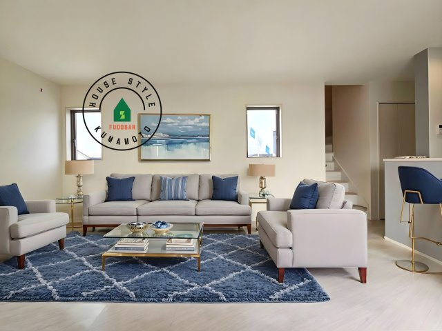 熊本市東区八反田1丁目第1₋4棟(7号棟)の居間・リビング|明るく開放的なリビングダイニングは豊かな陽光が注ぎ込み、やすらぎの空間を演出してくれます。ご家族で楽しいひとときをお過ごし下さい。※家具はCGを合成したものです。