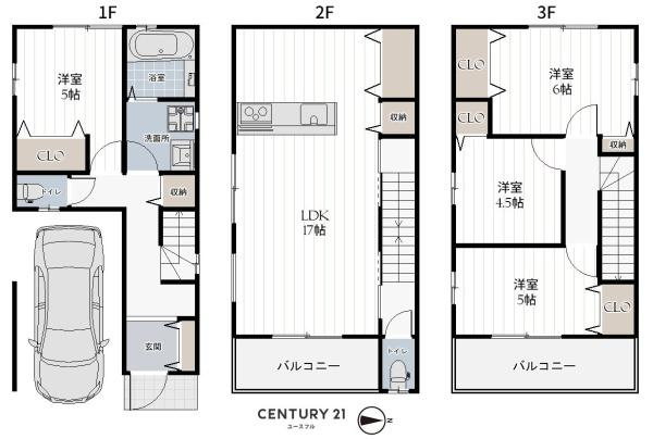 【その他】 | 建築プラン例【間取り】
延床面積：97.19平米　間取り4LDK
1F：28.35平米・2F：34.42平米・3F：34.42平米