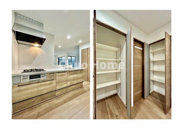 葛飾区水元3丁目新築分譲住宅のキッチン|ワイドで収納豊富なシステムキッチン・パントリー×2