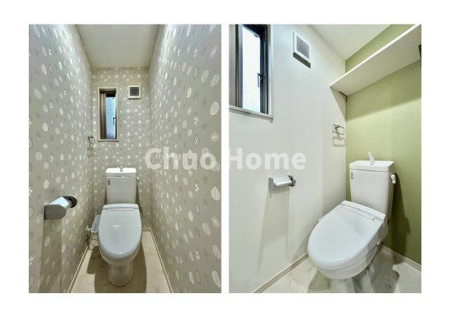 葛飾区水元3丁目新築分譲住宅のトイレ|【トイレ】 収納スペースをしっかりと確保した温水洗浄便座機能付きトイレ。温水洗浄便座は清潔にお使いいただくための大切なアイテムです。