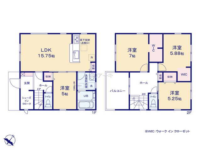 半田市板山町2丁目74『仲介手数料無料』新築戸建ての間取り|　1号棟　1F:LDK15.75帖に隣接する洋室5帖はお子様の遊び場・奥様の家事室に便利！シューズインクローク♪2F:主寝室7帖・洋室5.88帖　WIC設置！洋室5.25帖　CL設置♪南面バルコニー♪