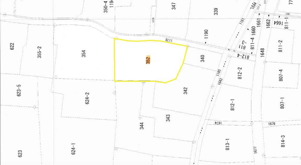 西伯郡大山町御崎売土地の土地図|黄色で囲まれている部分が対象地となります。