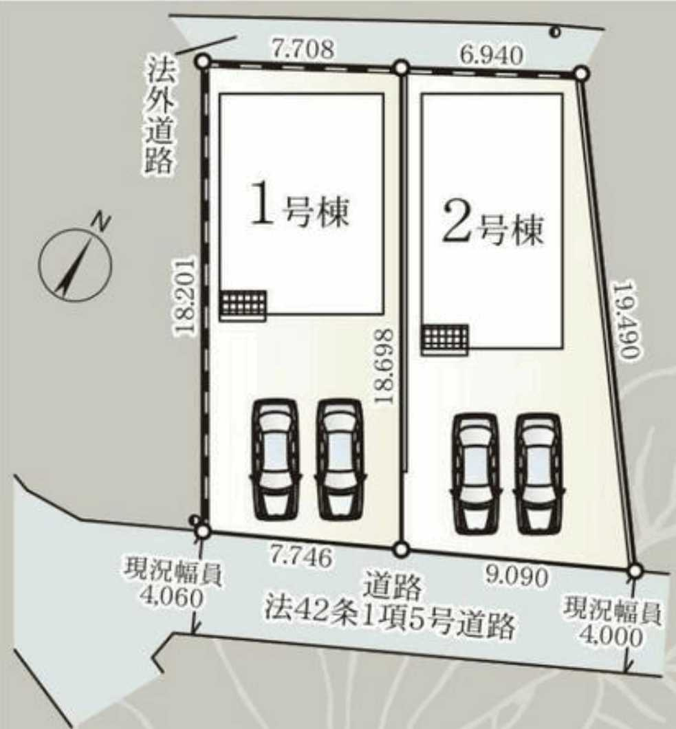 【Cradle garden】宇都宮市今泉町 第5 新築住宅 全2棟の前面道路含む現地写真|2棟共に並列2台駐車可能なゆとりのカースペース。夫婦それぞれの車も、お客様のお車も余裕に対応できます。
※2025年10月撮影