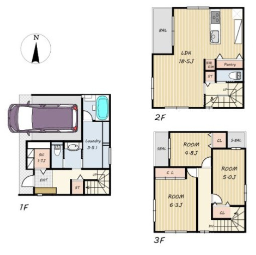 川東町　新築戸建の間取り|3LDK、土地面積64.07m2、建物面積112.46m2 ３LDK