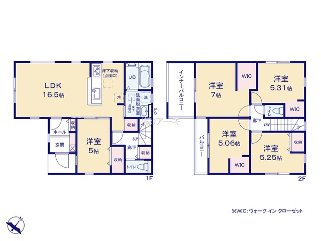 半田市板山町2丁目74『仲介手数料無料』新築戸建ての間取り|　2号棟　1F:LDK16.5帖に隣接する洋室5帖はお子様の遊び場・奥様の家事室に便利！2F:主寝室7帖・洋室5.31帖・洋室5.06帖　WIC設置！洋室5.25帖　CL設置♪南面インナーバルコニー♪