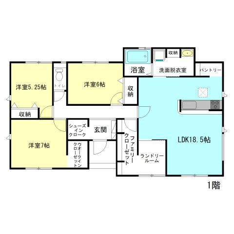 【間取り】 | グラファーレ高崎市八幡町4期ー① | 人気の平屋建て住宅登場です！
水回りを最短距離で結んだラクラク家事！
ランドリースペースにファミリークローゼット完備！