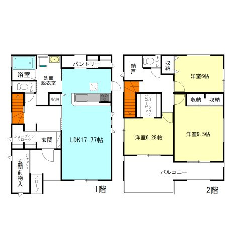 【間取り】 | フォーセール渋川市第2金井ー① | 玄関には物入れ＋シューズインクローク完備！
キッチンパントリーや1.5帖納戸など各所に収納充実！