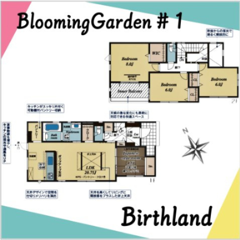 新築戸建・新築建売　伊達市梁川町中久保【耐震＋制震】梁川小・梁川中の間取り|【4LDK＋パントリー＋WIC】玄関吹抜け&全室南西向きの陽当たり良好な間取りです♪