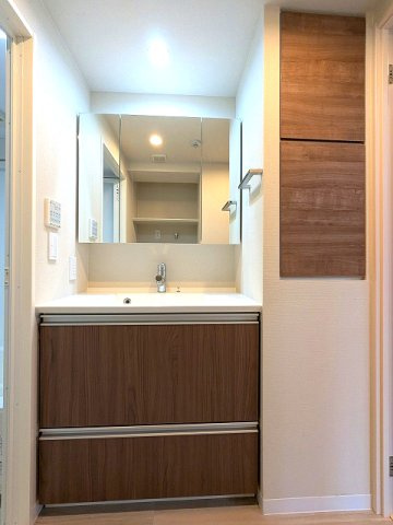 URBAN PARK浅草Ⅱの洗面所|三面鏡付ハンドシャワー付独立洗面台です