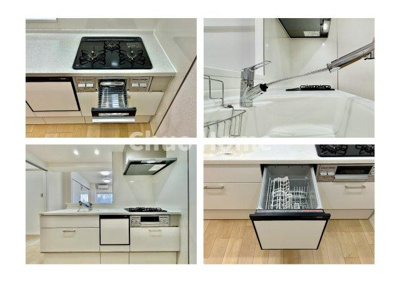 【キッチン】 | 東陽町ガーデニアA棟 | 【システムキッチン】ワイドで収納豊富な使い勝手の良いカウンターキッチンには、食洗器や伸縮タイプのキッチン水栓、三ツ口コンロ・魚焼きグリルなどの便利な設備が標準完備されています。