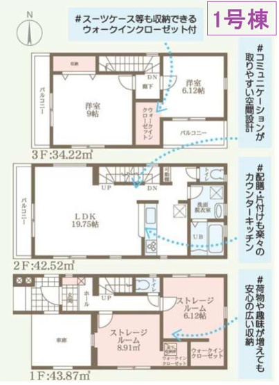 【間取り】 | 東大阪市永和3丁目　【1号棟/全2棟】 | 【1号棟/全2棟】整形地の3階建【4LDK＋車庫】LDKゆったり約19.7帖♪2階に水廻り設備集約♪ウォークインクローク3ヶ所に完備です♪