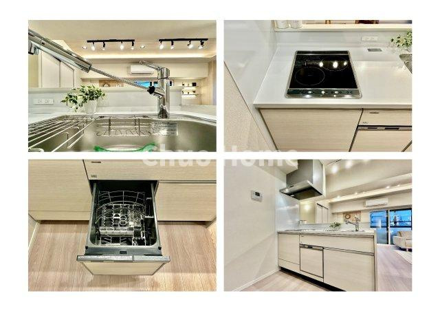 コートシティ木場のキッチン|【システムキッチン】ワイドで収納豊富な使い勝手の良いカウンターキッチンには、食洗器や伸縮タイプのキッチン水栓、IHクッキングヒーターなどの便利な設備が標準完備されています。