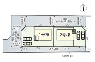 【区画図】 | 甲斐市竜王 新築オール電化戸建 全2棟2号棟 南道路 書斎付 | 2号棟区画図 前面道路：南1.9ｍ(法外道路)・北6.0ｍ(公道)