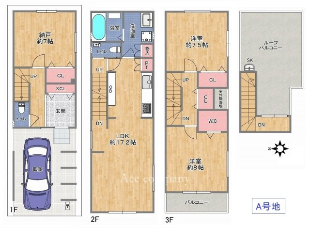 【間取り】 | 平野区流町2丁目　【A号地/全2棟】 | 【A号地】2階に水廻り設備集約☆宅配ボックス・床暖房・食洗機・浴室乾燥機完備☆全居室7帖以上！ルーフバルコニー付きです☆