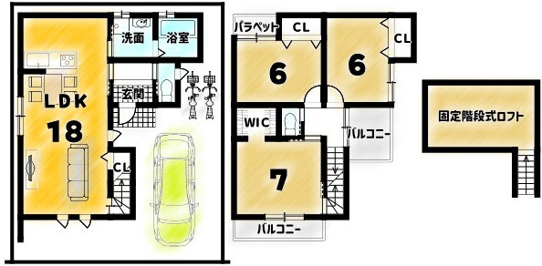 梅津上田町　建築条件付土地の土地図＋建物プラン例|建物プラン例　建物価格：１7００万円　建物面積８５．８６㎡