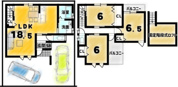 梅津上田町　建築条件付土地　駐車2台プランの土地図＋建物プラン例|駐車２台プラン例　建物価格：１８００万円　建物面積８５．８６㎡