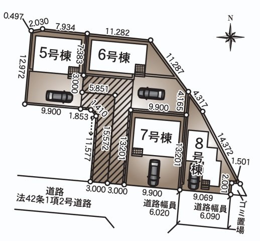 【Cradle Garden】　結城市結城　第４３　全４邸の区画図|全棟配置図