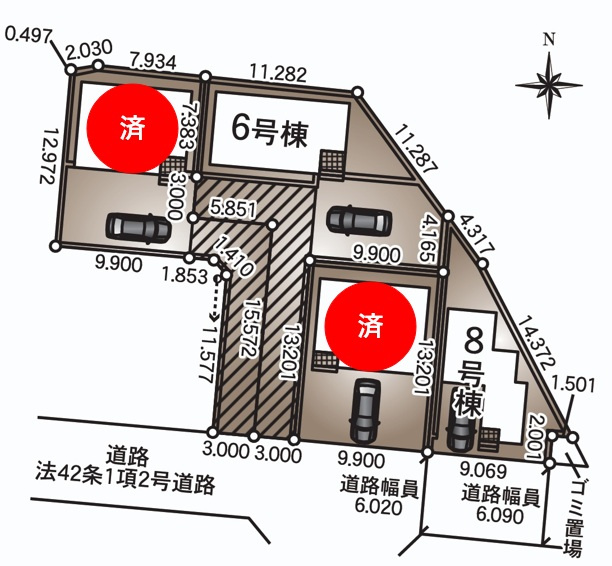 【Cradle Garden】　結城市結城　第４３　全４邸の区画図|全棟配置図