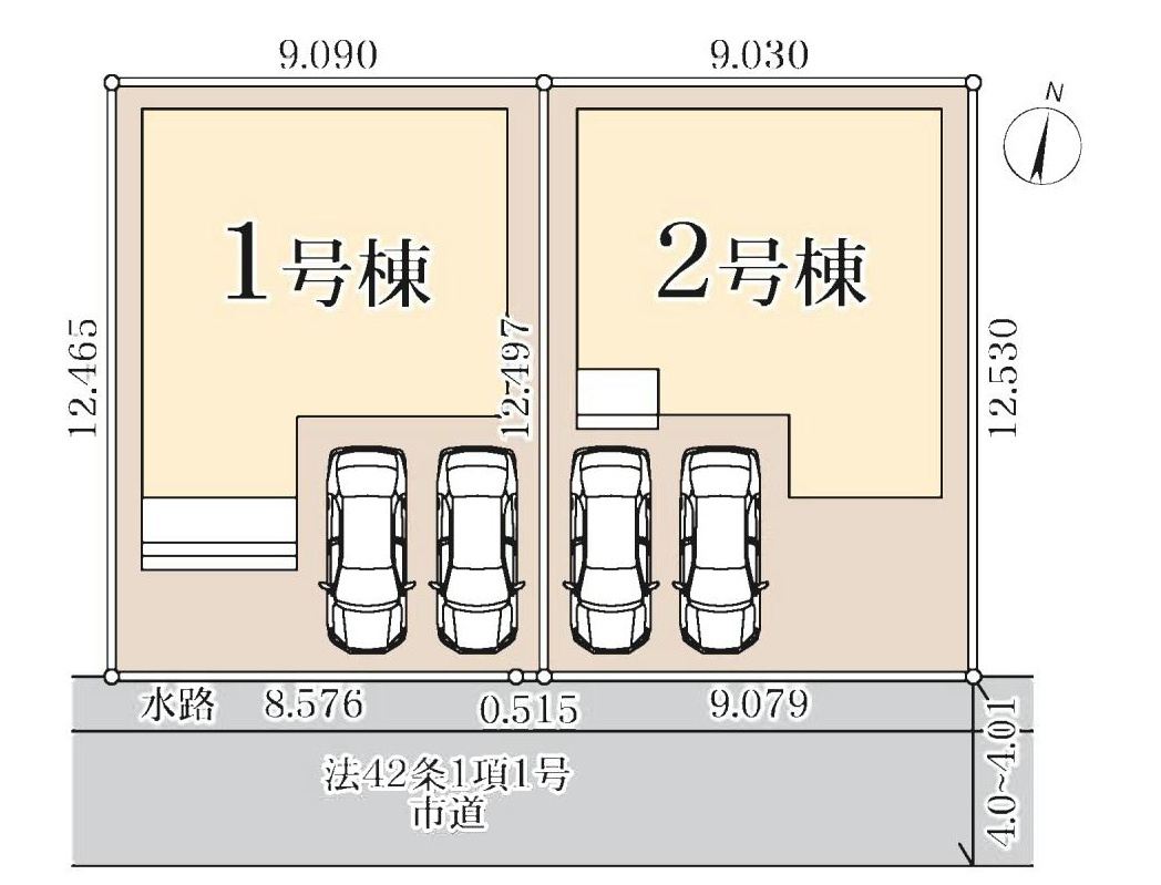 吉川市保　新築戸建　全2棟　1号棟の区画図|カースペース並列2台可能