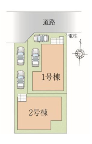川越市むさし野の新築一戸建の区画図|駐車スペースは2台分あり、セカンドカー利用も可能です。