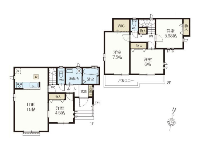 【間取り】 | 新座市石神4丁目　新築一戸建住宅　全11棟　(保谷店) | K号棟/角地＆全居室2面採光の開放的な住まい。WICなど収納スペースも豊富です！