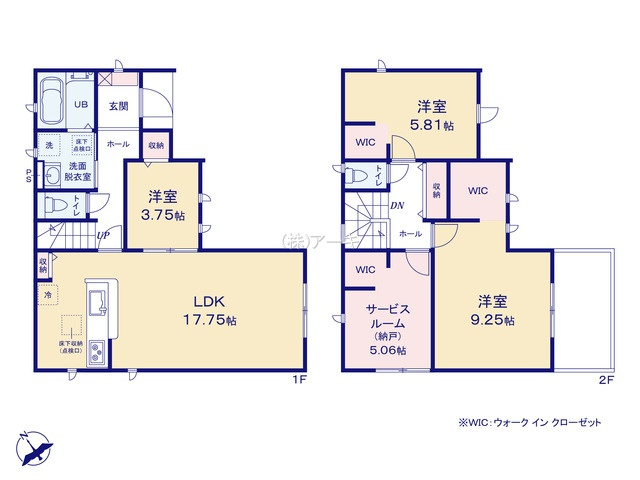 半田市岩滑高山町2丁目113-3『仲介手数料無料』新築戸建ての間取り|　2号棟　1F:LDK17.75帖に隣接する洋室3.75帖はお子様の遊び場・奥様の家事室に便利！キッチン収納♪2F:主寝室9.25帖・洋室5.81帖　WIC設置！納戸5.06帖　WIC設置♪ホール収納