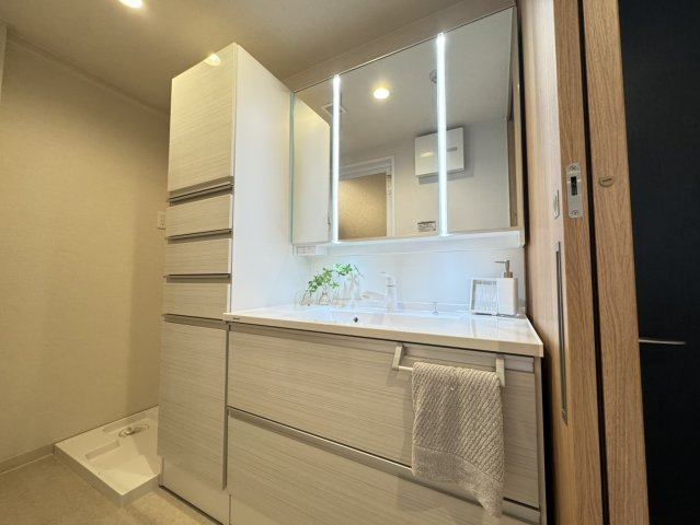 パニエ六甲の独立洗面台|大容量の収納庫を備えた洗面台
鏡は正面だけでなく、左右も確認できるため、身だしなみを整えやすいです。
鏡の裏の収納スペースも有効活用すると洗面台周りがスッキリします。