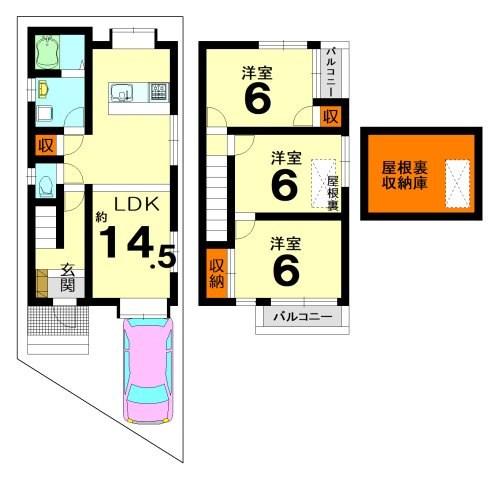 【間取り】 | 物集女町御所海道　一戸建 | 全居室洋室＆６帖以上有り