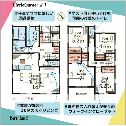新築戸建・新築建売　館林第3西高根町　第八小・多々良中の間取り|洗面室とランドリールームが別々にあるので来客の時に生活感を見せることなく洗面室に通すことができます！