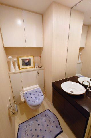 パークシティ成城Ｅ棟のトイレ|お掃除の楽なタンクレス、手洗いボウル、大きな鏡、収納もたっぷりです。