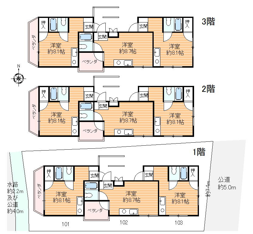 メゾン伊丹稲野の間取り|鉄骨造3階建て：1階57.10㎡、2階：56.27㎡、3階56.27㎡