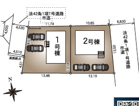 塩尻市大門第５　新築戸建の区画図|カースペースは車種により並列2台駐車可能です。