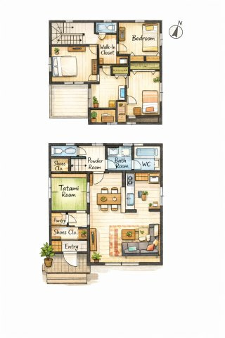 上尾市小敷谷第2全11棟　4号棟の間取り|使い勝手のいいカウンターキッチンからリビングを見渡すことができ、目が離せない小さなお子様がいるご家庭も安心してお料理できます。リビング横の和室は、落ち着いた雰囲気でリラックスできる空間となっています。