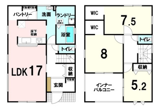【間取り】 | 【20万円ｷｬｯｼｭﾊﾞｯｸ対象物件】リーブルガーデン北葛城郡上牧町上牧全2棟 2号棟