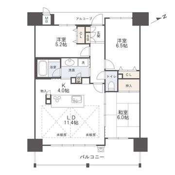 アルファステイツ広公園の間取り|床暖房付きのリビングダイニング。和室は空間延長となり、コミュニケーションのとりやすい間取りです。