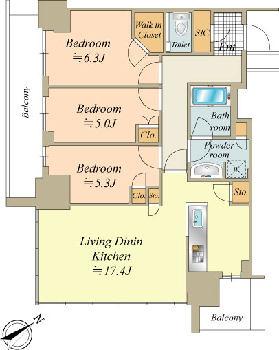 専有面積77.34平米、3LDK、築後未入居