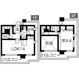 【間取り】 | エルザグレース堀江タワー | 1LDK、価格5880万円、専有面積66.06m2、バルコニー面積34.85m2 。全居室フローリング仕様、メゾネットタイプの住戸です。LDKは約14.0帖、洋室は約9.4帖の広さ。