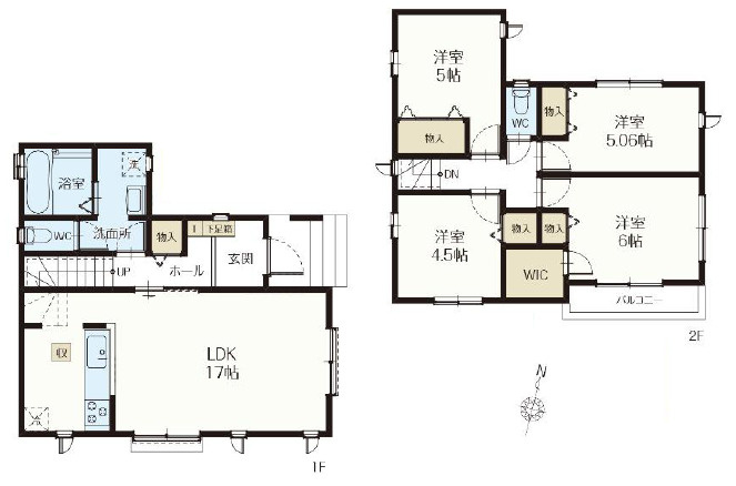 新座市栄5丁目　耐震×ZEH水準　快適住宅　全2棟の間取り|B号棟　4LDK+WIC　土地面積83.10m2、建物面積90.77m2