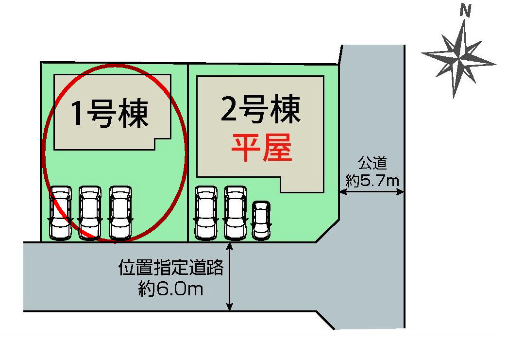 ブルーミングガーデン高崎市箕郷町上芝　１号棟　の区画図|駐車場３台ご用意しています！来客時も重宝します♪
並列駐車なので、車の出し入れもしやすいですよ！