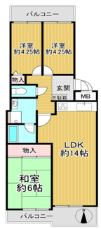 【間取り】 | シャルマンコーポ伊丹2号棟　南向き | 新婚様からファミリー様まで幅広くおすすめの３LDKの間取りです♪両面バルコニーで開放的な室内です！！