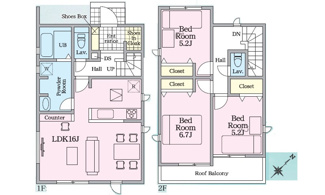 【間取り】 | 廿日市市福面（前空駅）全4区画　NO4 | 16帖リビング☆2階3室☆ファミリータイプ3LDK☆各居室に収納☆シューズインクローゼット☆ワイドバルコニー☆