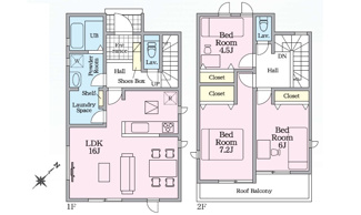 【間取り】 | 廿日市市福面（前空駅）全4区画　NO1 | 16帖リビング☆2階3室☆ファミリータイプ3LDK☆各居室に収納☆ワイドバルコニー☆