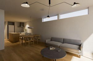 【完成予想図】 | B区画・C区画建物参考プラン完成予想パース
LDK18帖以上+車庫+書斎付4LDK参考プラン（建物面積136.00平米）