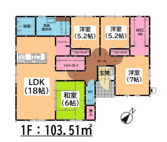 福津市津屋崎1丁目第5-2棟（1号棟）の区画図|全居室収納付きで便利です。
