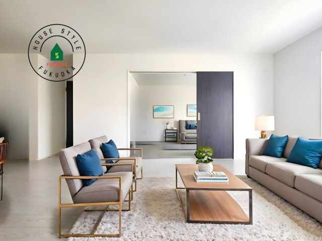 福津市津屋崎1丁目第5-2棟（2号棟）の内観：施工例|明るく開放的なリビングダイニングは豊かな陽光が注ぎ込み、やすらぎの空間を演出してくれます。ご家族で楽しいひとときをお過ごし下さい。※家具はCGを合成したものです。