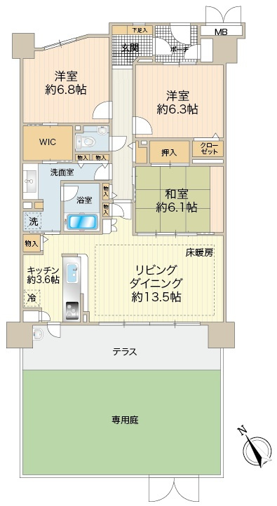 大型3ＬＤＫ、床暖房、スロップシンク、専用庭など低層階ならではの安心感がございます。