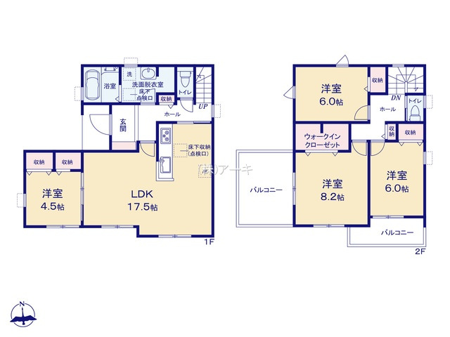 高浜市呉竹町7丁目7-14の間取り|　1号棟　1F:LDK17.5帖に隣接する洋室4.5帖はお子様の遊び場・奥様の家事室に便利♪ゆとりの洗面室♪ホール収納♪2F:主寝室8.2帖　WIC設置！洋室6帖・洋室6帖　CL設置！2面バルコニー♪