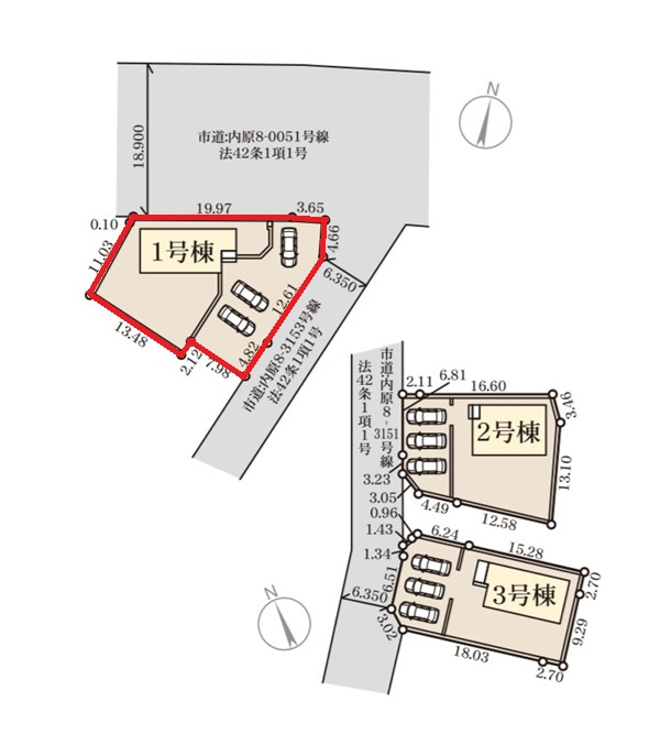 リーブルガーデン  水戸内原町　第12　1の区画図|敷地面積約114坪。広い南庭も魅力です。前面道路幅6.3メートル、3台駐車可能です。