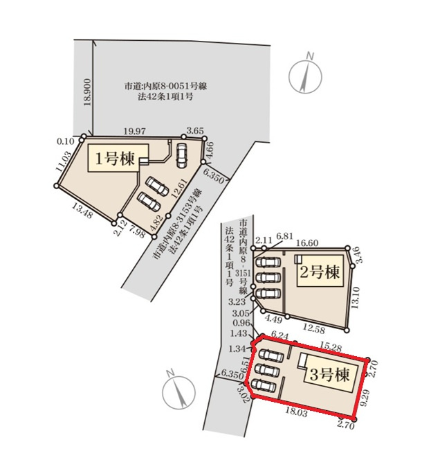 リーブルガーデン  水戸内原町　第12　3の区画図|敷地面積約81坪。日当たり良好南庭も魅力です。前面道路幅6.3メートル、3台並列駐車可能です。